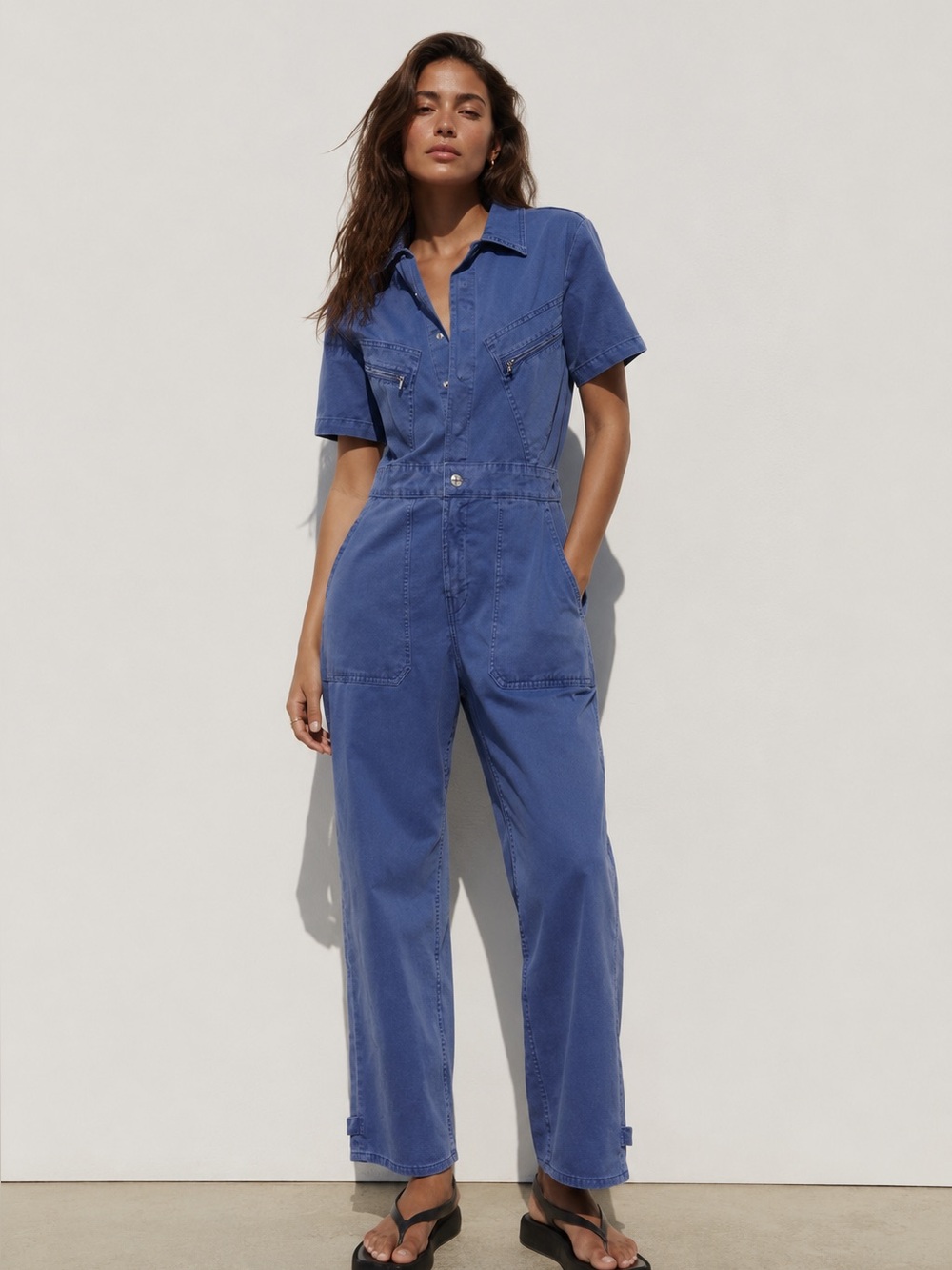 ZARA Dusty Blue Short-Sleeve Utility Jumpsuit | Size XXL